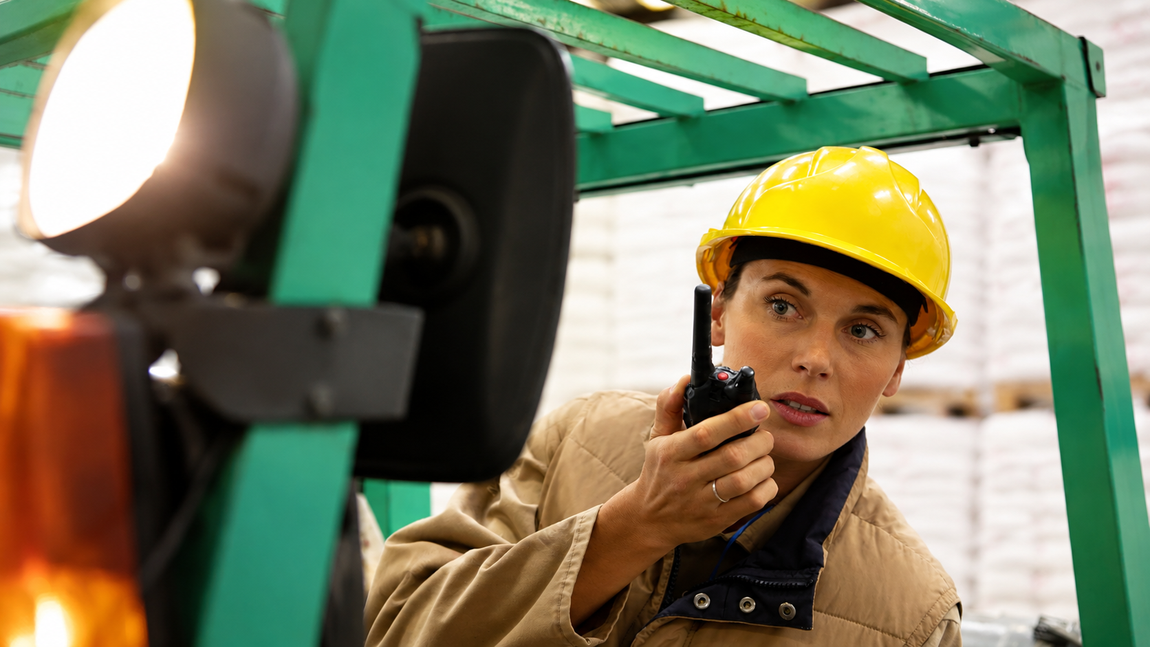 A warehouse operator on the radio, coordinating a lift.