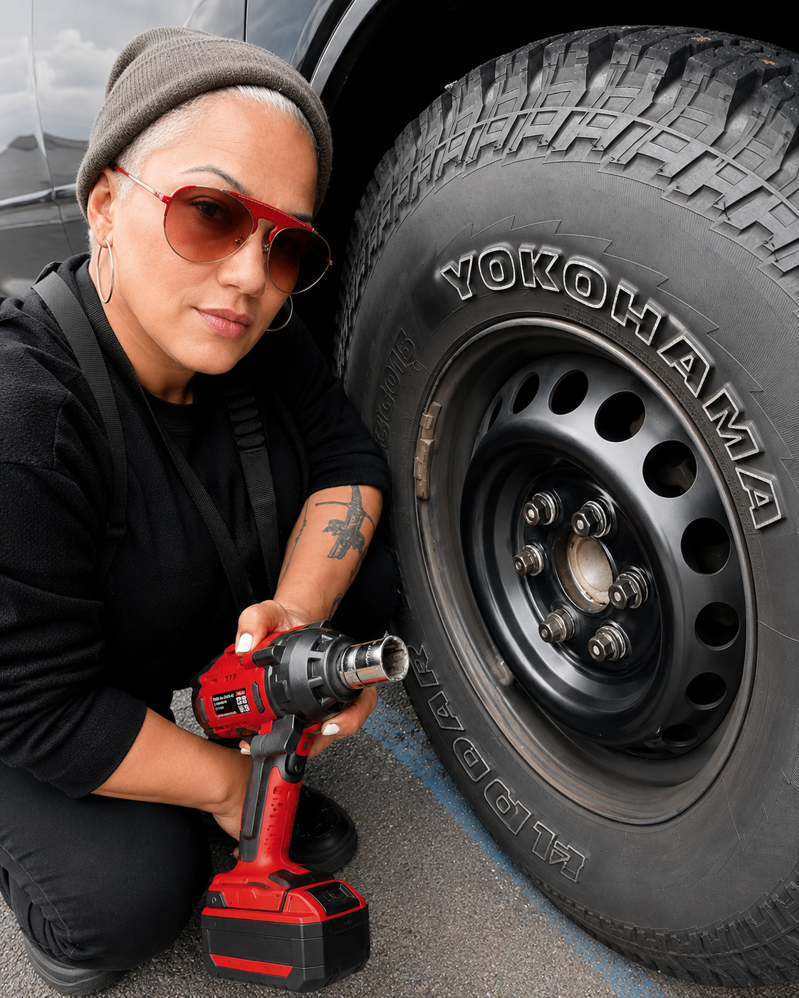 Changing a wheel with an impact wrench beside the van.