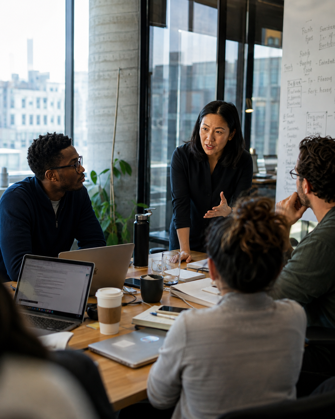 A manager leaning in at a table, talking with her team.