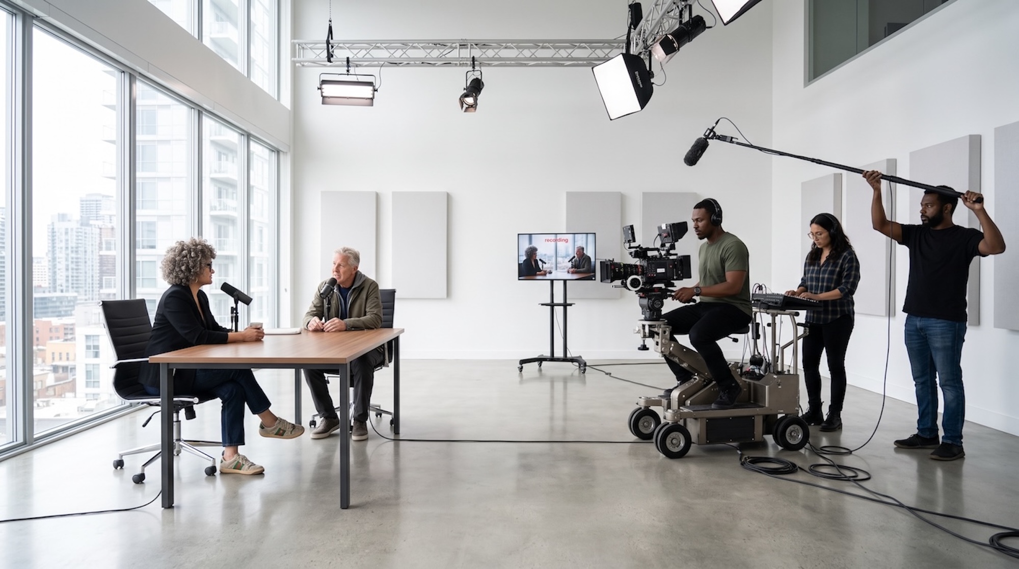 Audrey Cavenecia and Pete Carroll at the table recording, with camera operator, sound and boom crew working across the studio.
