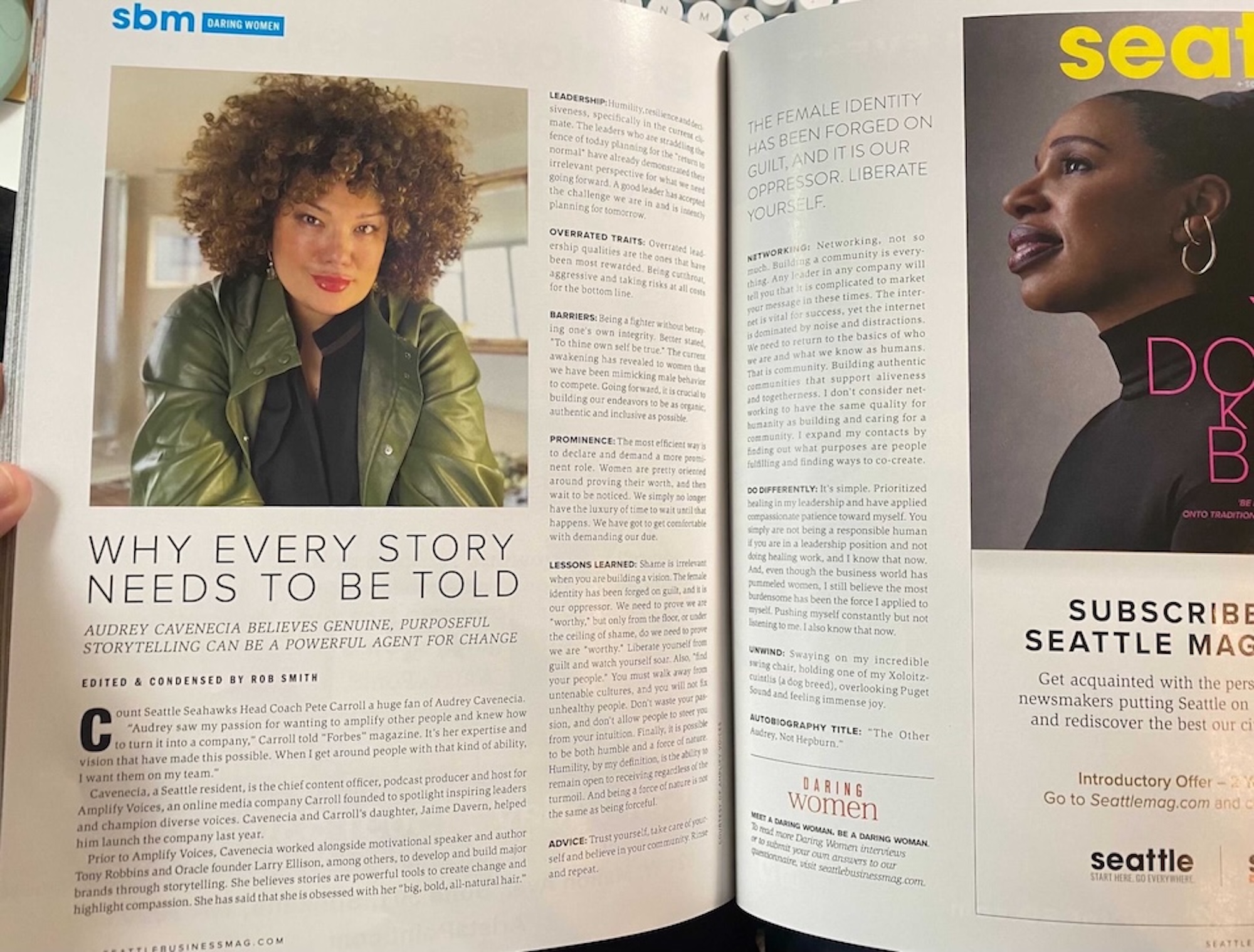 A magazine feature on Audrey Cavenecia, headlined why every story needs to be told.